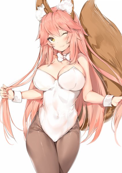 Anime picture 1200x1700 with fate (series) fate/extra tamamo (fate) (all) tamamo no mae (fate) silver (chenwen) single long hair tall image blush fringe breasts light erotic simple background large breasts standing white background bare shoulders animal ears yellow eyes payot
