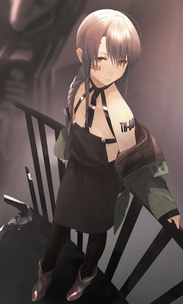 Anime picture 1354x2250 with original savan single long hair tall image looking at viewer fringe hair between eyes red eyes standing bare shoulders full body braid (braids) from above grey hair off shoulder open jacket tattoo twin braids single braid