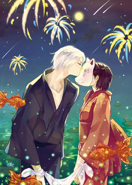 Anime picture 723x1014 with hotarubi no mori e gin (hotarubi no mori e) takegawa hotaru 6cat single tall image short hair brown hair standing white hair eyes closed long sleeves traditional clothes japanese clothes wide sleeves floral print kiss fireworks meteor rain girl