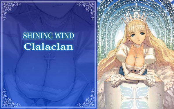 Anime picture 1920x1200 with shining (series) shining wind clalaclan philias tony taka long hair looking at viewer highres blue eyes light erotic blonde hair wide image cleavage long sleeves light smile inscription girl crown shield