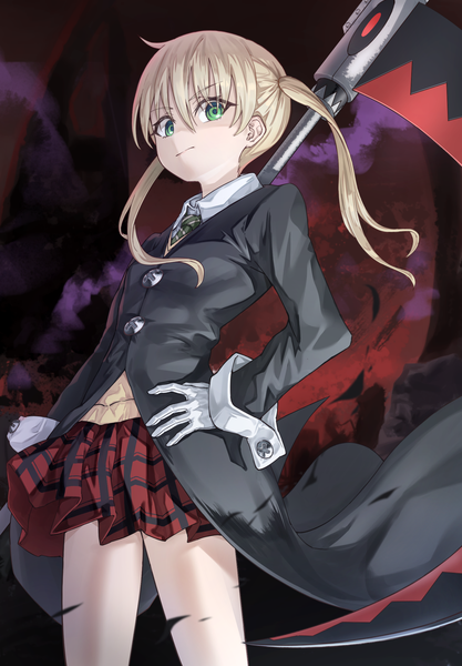Anime picture 1592x2292 with soul eater studio bones maka albarn ildy single long hair tall image looking at viewer fringe blonde hair hair between eyes twintails green eyes pleated skirt from below hand on hip plaid skirt girl skirt gloves