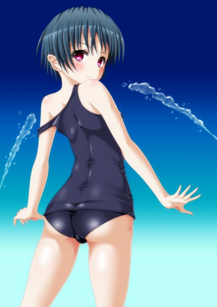 Anime picture 1158x1637 with original kaze makase single tall image blush short hair light erotic black hair smile bare shoulders pink eyes looking back blue background girl swimsuit water
