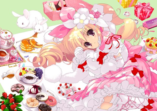 Anime picture 1500x1068 with original yoshiwo blonde hair purple eyes hair flower loli girl hair ornament food sweets fruit gift berry (berries) cake bunny strawberry doughnut