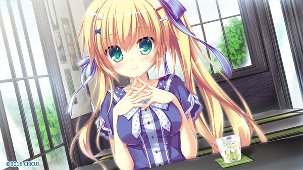 Anime picture 800x450 with d.s. -dal segno- circus (studio) fujishiro noeri single long hair looking at viewer blush fringe breasts blonde hair smile hair between eyes wide image sitting green eyes payot game cg side ponytail breast grab hands clasped