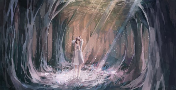 Anime picture 1433x734 with original nanakawa (nanasoon) single long hair looking at viewer fringe blue eyes wide image standing animal ears pink hair barefoot sunlight bare legs no shoes fox ears arms behind head sunbeam girl dress