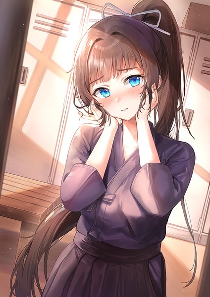 Anime picture 636x900 with original kendo club president (rangu) rangu single long hair tall image looking at viewer blush fringe breasts blue eyes black hair standing payot ponytail indoors blunt bangs traditional clothes head tilt japanese clothes
