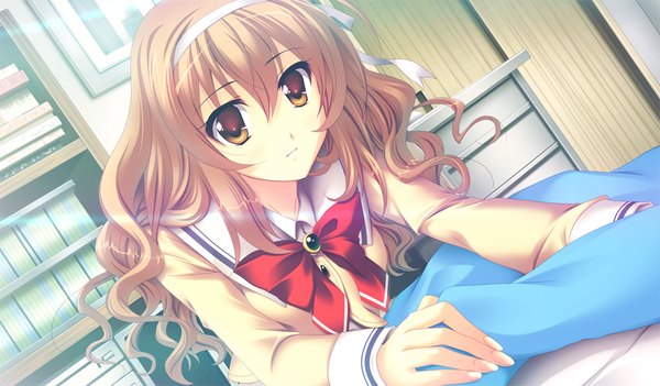 Anime picture 1024x600 with houkago kitchen single long hair looking at viewer brown hair wide image sitting brown eyes game cg girl uniform school uniform hairband