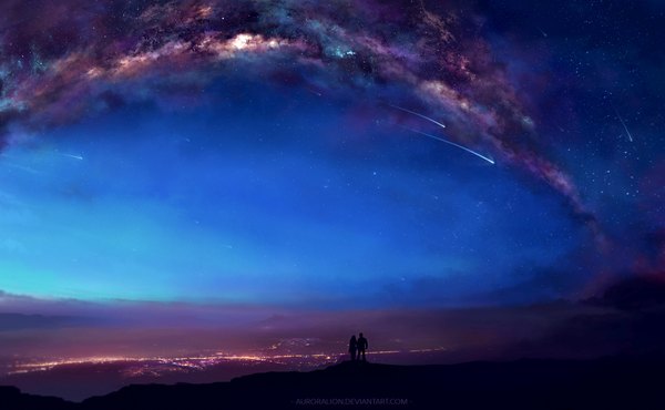 Anime picture 1872x1156 with original auroralion highres wide image standing signed cloud (clouds) full body night night sky city watermark cityscape scenic city lights silhouette shooting star milky way girl boy