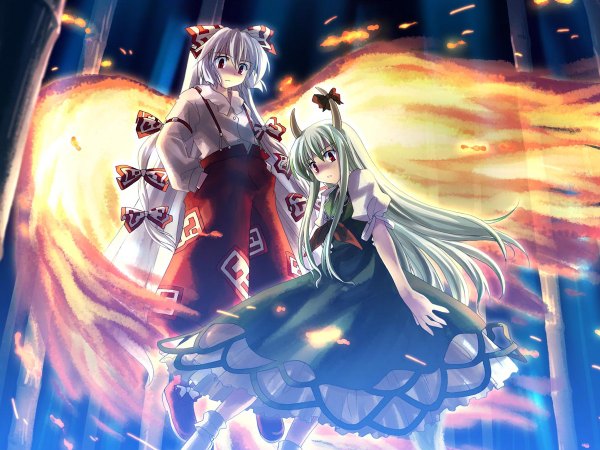 Anime picture 1200x900 with touhou fujiwara no mokou kamishirasawa keine ex-keine horn (horns) nature girl tree (trees) fire forest