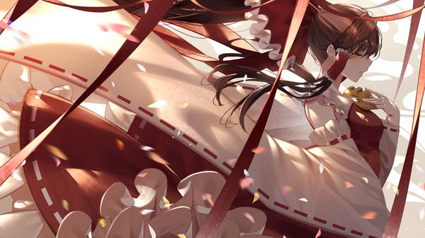 Anime picture 1920x1080 with touhou hakurei reimu kisui single long hair blush fringe highres hair between eyes brown hair wide image standing payot ponytail eyes closed traditional clothes parted lips japanese clothes profile wide sleeves