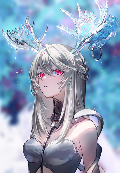 Anime picture 2846x4096 with original nanaponi single long hair tall image looking at viewer fringe highres breasts hair between eyes silver hair upper body braid (braids) parted lips pink eyes horn (horns) depth of field antlers girl water drop