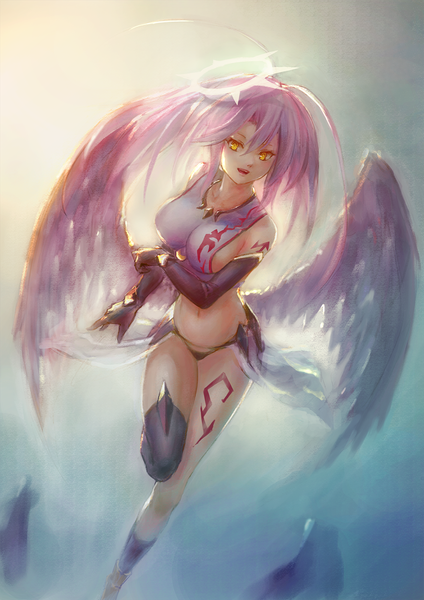 Anime picture 1000x1414 with no game no life madhouse jibril (no game no life) egk513 geureong geureong single long hair tall image looking at viewer breasts open mouth light erotic large breasts yellow eyes pink hair ahoge bent knee (knees) midriff tattoo angel wings