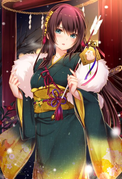 Anime picture 955x1400 with flower knight girl yamabuki (flower knight girl) moneti (daifuku) single long hair tall image looking at viewer blush open mouth blue eyes brown hair traditional clothes japanese clothes fur trim snowing revision girl flower (flowers) kimono fur