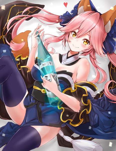 Anime picture 1557x2020 with fate (series) fate/grand order fate/extra tamamo (fate) (all) tamamo no mae (fate) fuku kitsune (fuku fox) single long hair tall image looking at viewer blush fringe breasts light erotic smile hair between eyes large breasts bare shoulders holding animal ears