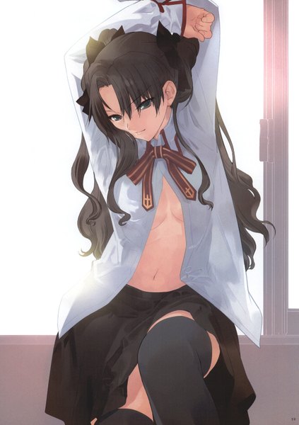 Anime picture 1128x1600 with fate (series) fate/stay night studio deen type-moon toosaka rin okazaki takeshi long hair tall image light erotic black hair sitting open clothes no bra two side up open shirt girl thighhighs black thighhighs window