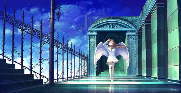 Anime picture 1291x668 with original feel (nasitaki) single long hair red eyes brown hair wide image signed looking away cloud (clouds) outdoors long sleeves wind turning head reflection hand on head angel wings fantasy white wings girl