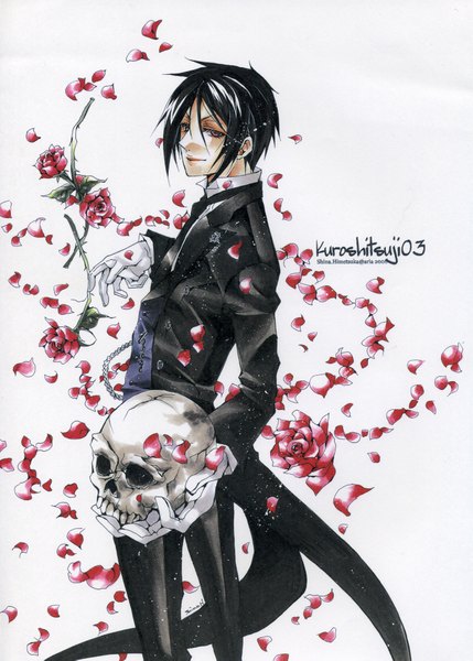 Anime picture 2862x3998 with kuroshitsuji a-1 pictures sebastian michaelis shina himetsuka single tall image looking at viewer highres short hair black hair simple background inscription butler boy gloves flower (flowers) petals necktie rose (roses) suit