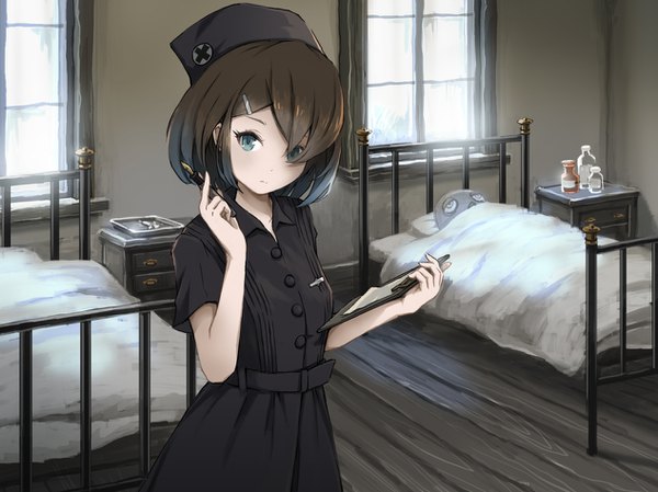 Anime picture 1266x948 with original ume (illegal bible) single looking at viewer fringe short hair breasts brown hair standing holding upper body indoors aqua eyes hair over one eye short sleeves gradient hair nurse girl dress uniform