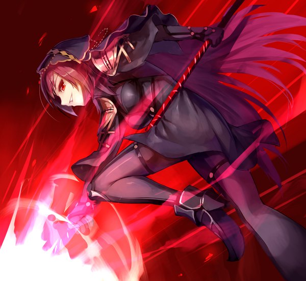 Anime picture 1200x1100 with fate (series) fate/grand order scathach (fate) (all) scathach (fate) sue (bg-bros) single long hair smile red eyes purple hair bent knee (knees) profile fighting stance girl weapon shoes armor veil ankle boots