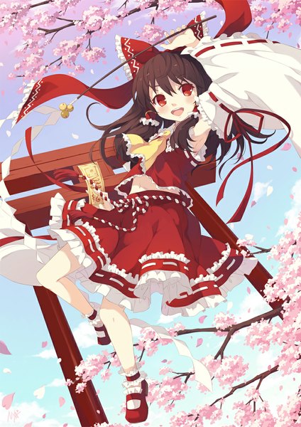 Anime picture 800x1131 with touhou hakurei reimu nyanya single long hair tall image blush open mouth red eyes brown hair traditional clothes cherry blossoms miko girl dress skirt plant (plants) detached sleeves petals tree (trees)