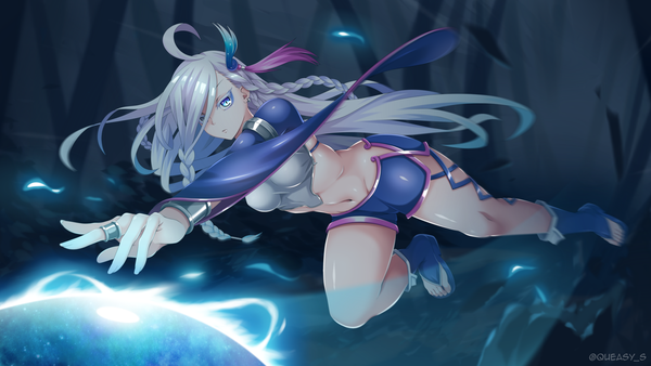 Anime picture 1920x1080 with maplestory maplestory 2 soul binder (maplestory 2) queasy s single long hair looking at viewer highres breasts blue eyes light erotic wide image signed full body ahoge bent knee (knees) white hair braid (braids) very long hair night