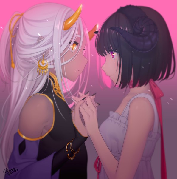 Anime picture 4052x4093 with original nana mikoto long hair tall image highres short hair black hair simple background bare shoulders multiple girls yellow eyes absurdres silver hair upper body profile pink eyes horn (horns) gradient background dark skin holding hands