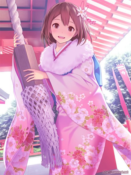 Anime picture 600x800 with ilog andou hitomi mana kakkowarai single tall image looking at viewer blush short hair open mouth brown hair brown eyes traditional clothes japanese clothes hair flower girl hair ornament flower (flowers) kimono fur-trimmed kimono