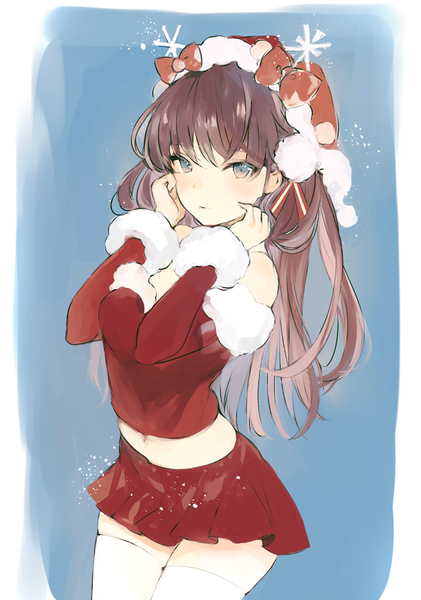 Anime picture 647x922 with original lpip single long hair tall image looking at viewer blush fringe blue eyes simple background hair between eyes brown hair standing bare shoulders pleated skirt midriff zettai ryouiki fur trim christmas blue background