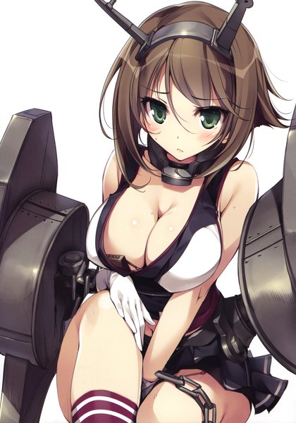 Anime picture 2658x3800 with kantai collection mutsu battleship karory single tall image blush highres short hair breasts light erotic simple background brown hair large breasts white background sitting green eyes cleavage pleated skirt midriff sweat