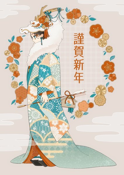 Anime picture 2894x4093 with original hanatsuki single tall image highres blue eyes black hair standing looking away full body traditional clothes japanese clothes profile piercing ear piercing eyeshadow new year nengajou girl earrings