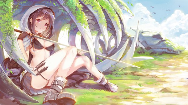 Anime picture 1366x768 with original sibyl single long hair looking at viewer fringe breasts light erotic black hair wide image large breasts sitting holding sky cloud (clouds) full body bent knee (knees) pleated skirt pink eyes sunlight