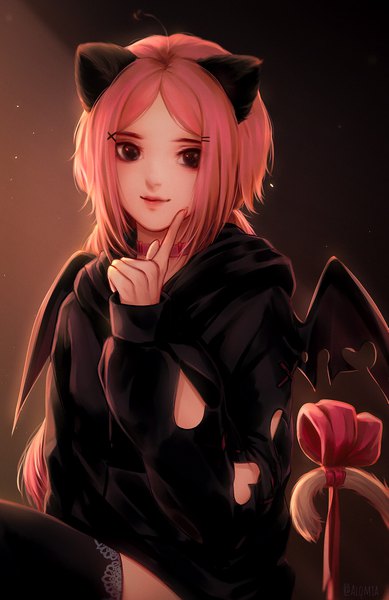 Anime picture 1265x1949 with original alqmia single long hair tall image looking at viewer brown eyes animal ears pink hair tail long sleeves animal tail light smile cat ears cat tail finger to mouth girl thighhighs hair ornament black thighhighs