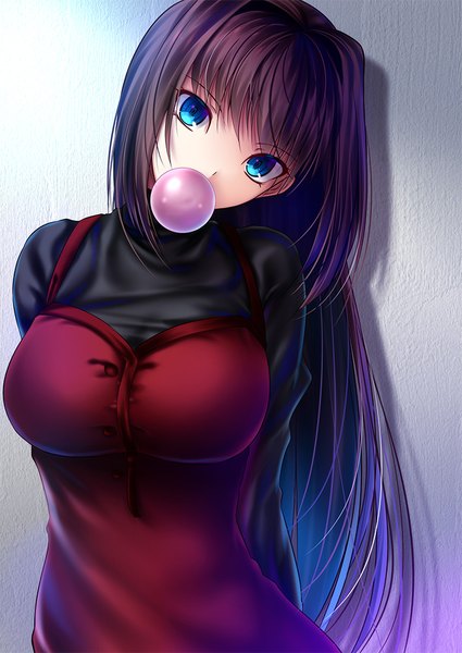 Anime picture 708x1000 with mahou tsukai no yoru aozaki aoko akeyama kitsune single long hair tall image looking at viewer fringe breasts blue eyes black hair simple background hair between eyes standing blue hair upper body head tilt multicolored hair shadow gradient background