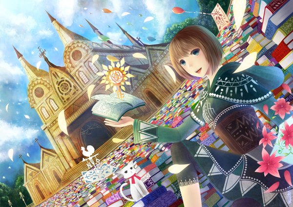 Anime picture 2000x1414 with original bounin single highres short hair open mouth blue eyes brown hair sky cloud (clouds) girl flower (flowers) plant (plants) tree (trees) book (books) cat house balloon