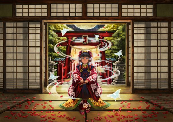 Anime picture 1654x1169 with original toli na single fringe sitting sky traditional clothes japanese clothes aqua eyes girl hair ornament plant (plants) petals tree (trees) insect butterfly moon