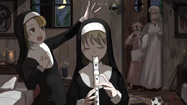 Anime-Bild 2048x1152 mit little nuns (diva) protagonist nun (diva) scowly nun (diva) glasses nun (diva) clumsy nun (diva) diva (hyxpk) long hair fringe highres open mouth blonde hair brown hair wide image standing multiple girls holding brown eyes looking away indoors blunt bangs