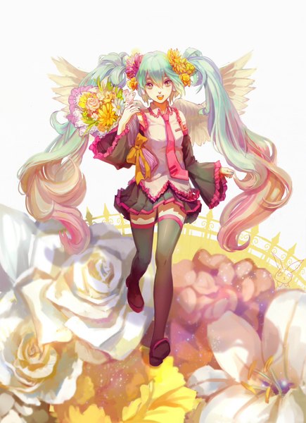 Anime picture 1200x1652 with vocaloid ai kotoba ii (vocaloid) hatsune miku achyue single tall image looking at viewer fringe open mouth simple background white background twintails holding hair flower aqua eyes aqua hair happy white wings running girl