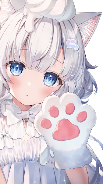 Anime picture 1266x2250 with original momoshiki tsubaki single long hair tall image looking at viewer blush blue eyes simple background white background animal ears silver hair upper body head tilt cat ears cat girl cute girl gloves paw gloves
