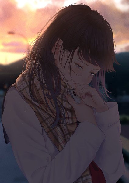 Anime picture 2480x3508 with original saitou (lynx-shrike) single long hair tall image blush fringe highres open mouth blue eyes brown hair holding sky cloud (clouds) upper body outdoors blunt bangs long sleeves blurry mole