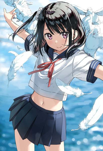 Anime picture 1633x2388 with original shizuku (kantoku) kantoku single tall image looking at viewer blush fringe short hair black hair smile standing outdoors pleated skirt pink eyes short sleeves midriff one side up spread arms animal on shoulder