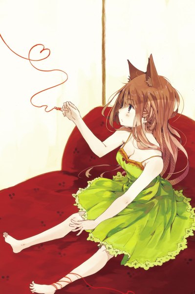 Anime picture 715x1075 with original hrd single long hair tall image brown hair sitting bare shoulders animal ears full body profile barefoot cat ears heart of string girl dress heart sundress thread red thread