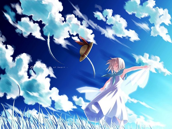 Anime picture 1024x768 with wind a breath of heart tagme (character) tsukishiro hikari yuuki tatsuya single short hair blonde hair smile sky cloud (clouds) eyes closed wind inscription spread arms blue background girl dress plant (plants) hat grass