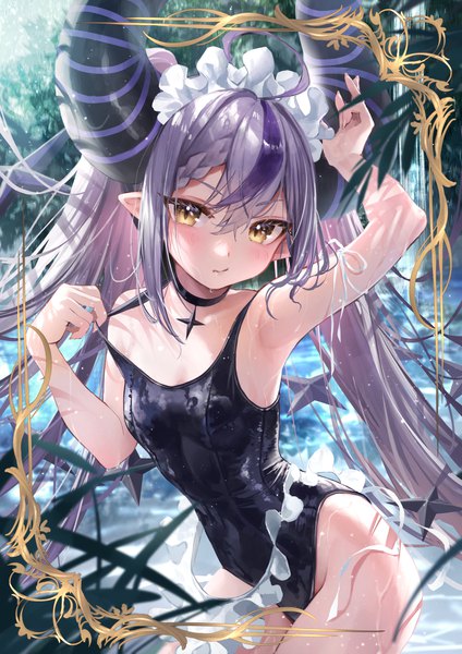 Anime picture 1000x1414 with virtual youtuber hololive la+ darknesss misekiss single long hair tall image fringe light erotic hair between eyes twintails yellow eyes ahoge multicolored hair pointy ears grey hair armpit (armpits) wet streaked hair framed