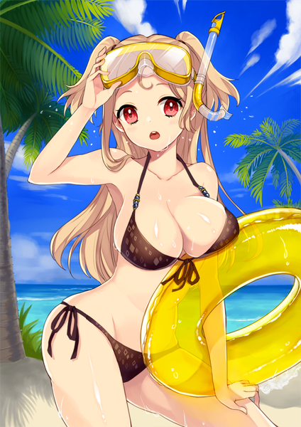 Anime picture 600x849 with original himaya single long hair tall image breasts light erotic blonde hair red eyes large breasts sky cloud (clouds) :o wet two side up horizon girl swimsuit plant (plants) bikini