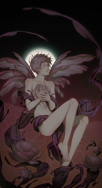 Anime-Bild 1880x3483 mit original e7 (runaway162) single tall image fringe highres short hair open mouth light erotic bare shoulders holding full body bent knee (knees) eyes closed barefoot nude grey hair bare belly bare legs gradient background