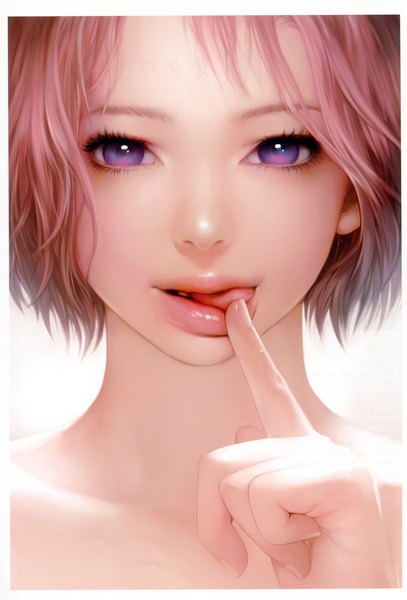 Anime picture 2386x3515 with original megami fetish - girls drawn by girls (artbook) airspace (artist) single tall image looking at viewer fringe highres short hair white background purple eyes bare shoulders pink hair nude border finger to mouth portrait revision licking girl