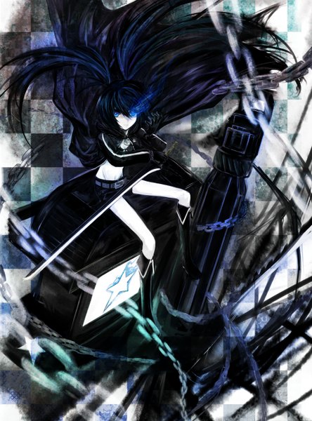 Anime picture 2000x2700 with black rock shooter black rock shooter (character) kazabana fuuka long hair tall image highres blue eyes black hair twintails glowing glowing eye (eyes) checkered background girl weapon sword shorts star (symbol) chain huge weapon