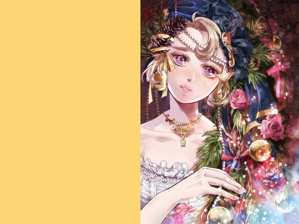 Anime picture 1320x990 with original mayo (artist) single looking at viewer blonde hair smile purple eyes light smile christmas yellow background girl dress hair ornament ribbon (ribbons) hair ribbon white dress rose (roses) star (symbol) pendant branch