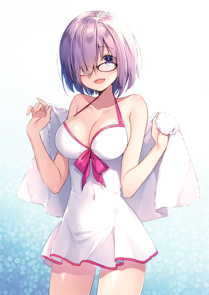 Anime picture 800x1131 with fate (series) fate/grand order mash kyrielight mash kyrielight (swimsuit of perpetual summer) masuishi kinoto single tall image looking at viewer blush fringe short hair breasts open mouth light erotic large breasts standing purple eyes bare shoulders holding cleavage