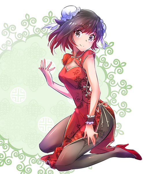 Anime picture 1664x2000 with rwby rooster teeth ruby rose iesupa single tall image looking at viewer short hair light erotic black hair simple background smile red hair traditional clothes hair bun (hair buns) high heels kneeling floral print chinese clothes cleavage cutout